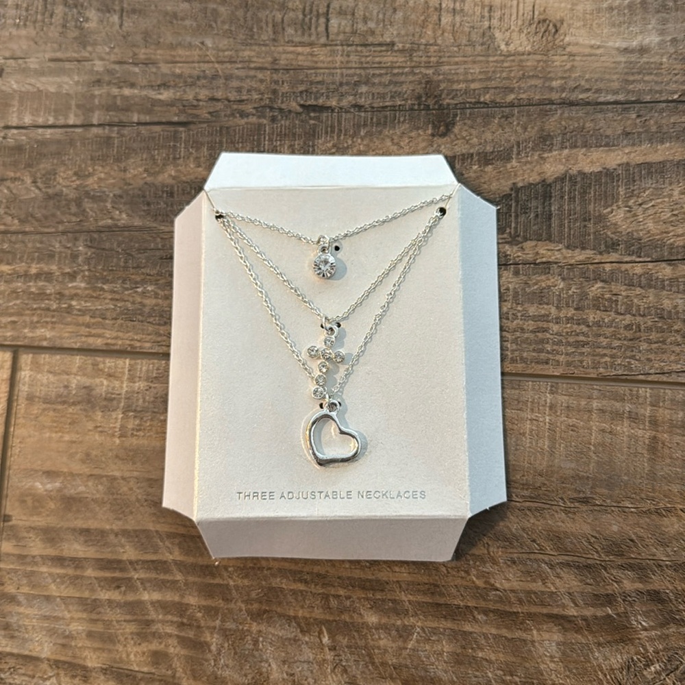 3 Silver Necklaces Silver Diamond Cross Heart Never Worn
